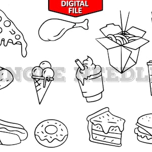 Può includere: Illustrazioni in bianco e nero di vari cibi, tra cui pizza, coscia di pollo, cono gelato, frappè, ciambella, hot dog, torta, hamburger, patatine fritte e un contenitore da asporto.