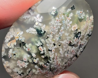 May include: An oval-shaped gemstone with a translucent, milky base. The stone features intricate, tree-like inclusions in white, green, black, and orange hues, creating a natural, artistic pattern. The polished surface reflects light.