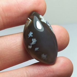 Puede incluir: Un cabujón de ágata gris oscuro y blanco con forma de lágrima. La piedra tiene una superficie lisa y pulida y presenta patrones dendríticos blancos.