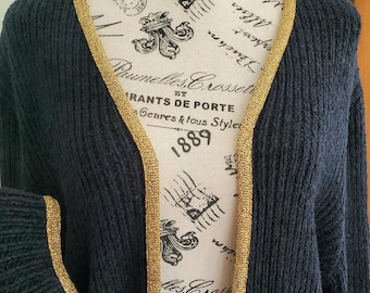 Vintage Knit Stitches Black Chenille Cardigan With Metallic Gold Trim