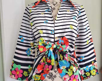 Retro Striped Floral Tie Front Summer Blouse 100% Cotton