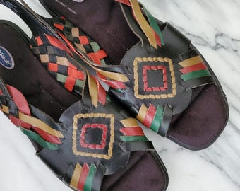 Vintage Dr Scholl's Leather Aztec Slingback Sandals Black Multicolor 8.5