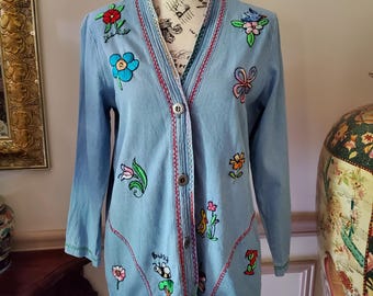 Ooak Vintage Hand Embroidered Lightweight Jean Jacket