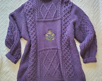 Vintage Acorn Chunky Aran Knit Purple Wool Thistle Fisherman Sweater
