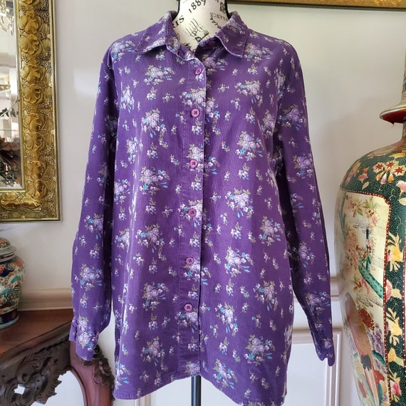 Vintage 90s purple floral corduroy lightweight sh… - image 2