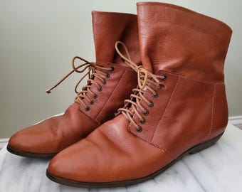 Vintage 80s Buskens Slouch Ankle Leather Granny Boots, Cognac Brown, 7.5