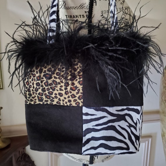 Retro Y2K animal print and feather purse