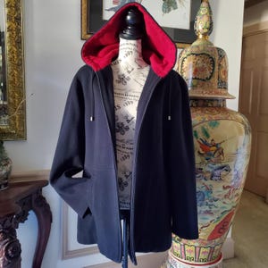 Vintage 90s Fleet Street Black Wool Hooded Coat With Red Contrast Hood Lining XL