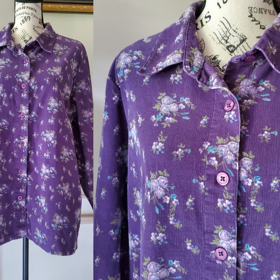 Vintage 90s purple floral corduroy lightweight sh… - image 1