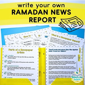 May include: A yellow and blue printable worksheet with the title "Write Your Own Ramadan News Report". The worksheet includes a section titled "Parts of a Newspaper Article" with a checklist of the different parts of a newspaper article. The worksheet also includes a section titled "What is a Newspaper Report?" with a definition of a newspaper report. The worksheet also includes a sample news report titled "Saudi Arabia Introduces New Visa System: Easier Travel for Visitors".