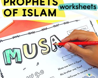 Könnte beinhalten: Ein ausdruckbares Arbeitsblatt für Kinder, um den Propheten Musa (Moses) aus dem islamischen Glauben kennenzulernen. Das Arbeitsblatt zeigt eine farbenfrohe Illustration des Namens "Musa" in Englisch und Arabisch, sowie einen Kreis zum Nachzeichnen und einen Abschnitt mit Fakten über den Propheten Musa.