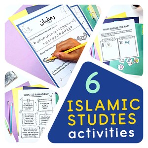 May include: Six colorful Islamic Studies activity sheets with various activities including tracing letters, coloring, and answering questions about Ramadan. The sheets are on a yellow, pink, and green background.