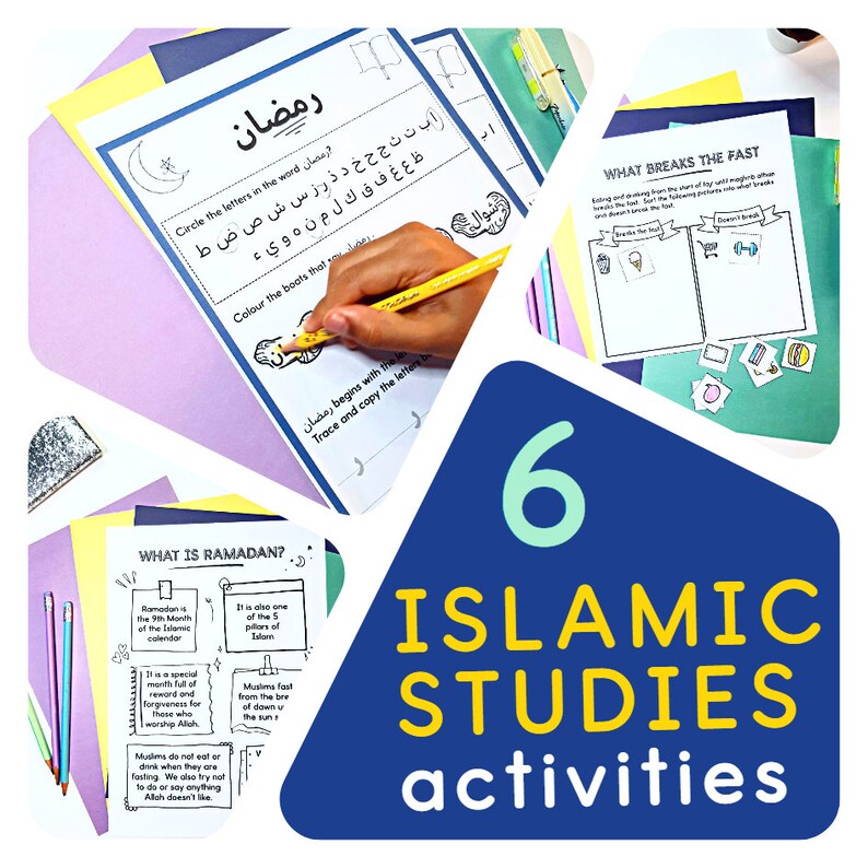 May include: Six colorful Islamic Studies activity sheets with various activities including tracing letters, coloring, and answering questions about Ramadan. The sheets are on a yellow, pink, and green background.