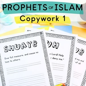 Peut inclure: Trois feuilles de travail imprimables en noir et blanc avec des espaces lignés pour écrire. Les feuilles de travail présentent les noms de prophètes de l'islam : Shuayb, YH et YB. Le texte sur les feuilles de travail comprend des citations des prophètes.