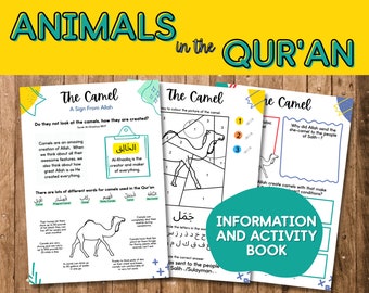 Könnte beinhalten: Ein buntes, druckbares Aktivitätsbuch für Kinder über Kamele. Das Buch enthält eine Kamel-Malvorlage, ein Suchwort und eine Frage zum Kamel im Koran. Das Buch trägt den Titel "Tiere im Koran: Das Kamel".