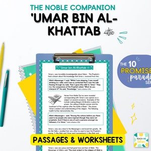 Puede incluir: Una hoja de trabajo imprimible azul y blanca con el título "The Noble Companion 'Umar Bin Al-Khattab'" y el texto "The 10 Promised Paradise Series" en un círculo. La hoja de trabajo trata sobre la vida de Umar bin Al-Khattab, un compañero del profeta Mahoma. La hoja de trabajo incluye pasajes y hojas de trabajo.