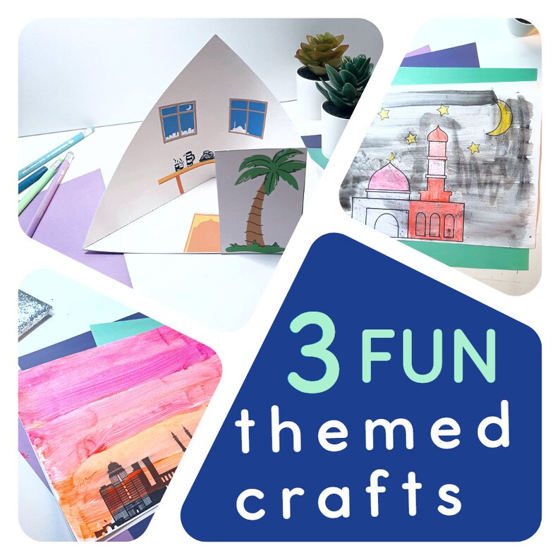 May include: Three fun themed crafts for kids. A paper house with a palm tree, a mosque with stars and a crescent moon, and a cityscape with a pink sunset.