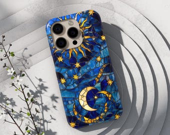Celestial Blue Sun Moon Stars MagSafe Compatible Phone Cover,Phone Case for iPhone, Pixel, and Galaxy -Colorful Faux Stained Glass