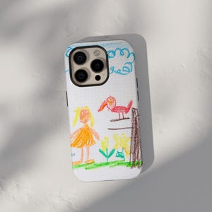 Aangepast telefoonhoesje kinderkunst, kindertekenkunst herdenkingscadeau voor Moederdag, op maat gemaakte tekening, gepersonaliseerd kinderkunstwerk