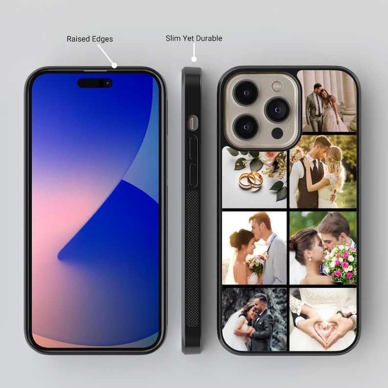 Custom wedding photo collage phone case featuring multiple bride and groom moments – perfect personalized gift for anniversary or newlyweds.