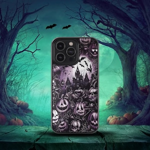 Halloween Phone Case – Haunted House Spooky Pumpkins Gothic Castle Bats Creepy Night Sky iPhone Samsung Halloween Case, Ghost Phone Case