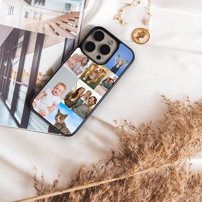 Custom wedding photo collage phone case featuring multiple bride and groom moments – perfect personalized gift for anniversary or newlyweds.