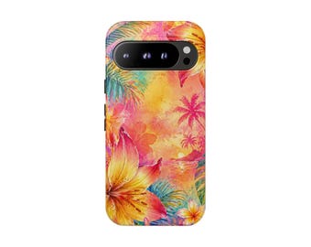 Tropical Dusk Google Pixel Case, Pink Orange Floral, Tough or Magnetic