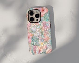 Seahorse iPhone Case, Coastal Ocean Aesthetic Phone Cover, Pastel Beach Design, Mermaid Seashell Case, Starfish Tropical iPhone Case