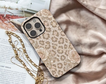 Pearl Snow Leopard Phone Case for iPhone Samsung Galaxy, Neutral Leopard Phone Case, Beige Animal Print Case, Luxury Coquette Phone Cover