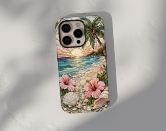 Beach Sunset Phone Case, Tropical Hibiscus iPhone 17 Case, iPhone 17 Pro Max, iPhone 17e MagSafe Case, Samsung Galaxy S26 Ultra S25 FE Case