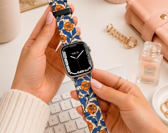 Blue Floral Apple Watch Band | Botanical Vegan Leather Apple Watch Strap | Vintage Flower Apple Watch Band | Apple Watch Ultra Band