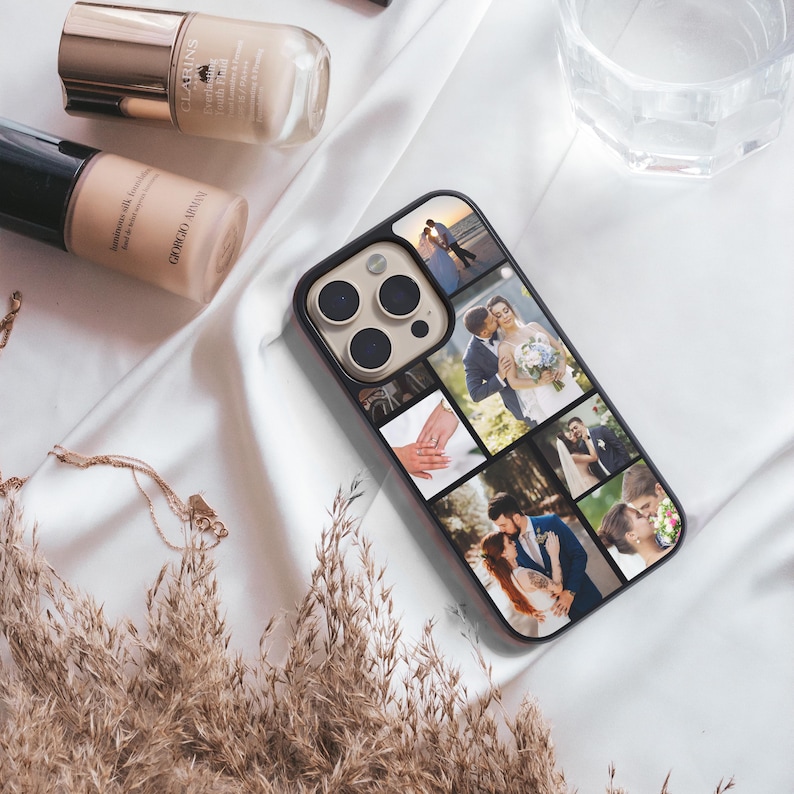 Custom wedding photo collage phone case featuring multiple bride and groom moments – perfect personalized gift for anniversary or newlyweds.