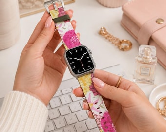 Floral Apple Watch Band | Pink Flower Vegan Leather Apple Watch Strap | Women's Designer Apple Watch Band | Apple Watch Ultra Band