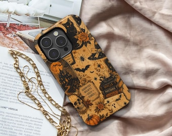 Vintage Halloween Phone Case for iPhone & Samsung, Black Cat Ghost Pumpkin Case, Gothic Haunted House Skull Case, Spooky Fall Phone Cover
