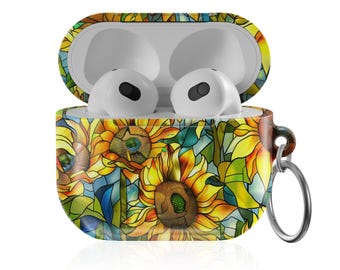 Stained Glass Sunflower AirPods Case with Keychain | Yellow Floral AirPods Cover | Glossy Protective Earbud Case