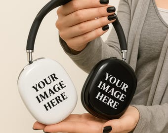 May include: A pair of wireless headphones with one white earcup and one black earcup. The earcups have the text "YOUR IMAGE HERE" printed on them.