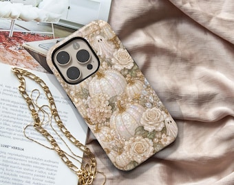 Pearl Pumpkin Garden Phone Case for iPhone Samsung Galaxy, Neutral Fall Pumpkin Case, Ivory Floral Phone Cover, Elegant Autumn Aesthetic