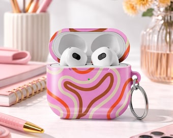 Pink Retro AirPods Case Groovy Wave Pattern AirPods Pro Case AirPods 3 AirPods 4 Cute Aesthetic Protective AirPod Cover with Keychain