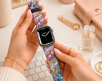 Mermaid Apple Watch Band | Stained Glass Apple Watch Strap | Ocean Mosaic Vegan Leather Band | Apple Watch Ultra Band | Coastal Gift for Her