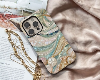 Pearl Coast Mosaic Phone Case for iPhone Samsung Galaxy, Coastal Beach Phone Case, Ocean Wave Seashell Cover, Luxury Nautical Aesthetic