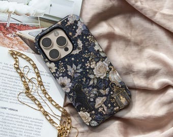 Midnight Witch Garden Phone Case for iPhone Samsung Galaxy, Black Cat Halloween Case, Gothic Floral Phone Cover, Elegant Spooky Gift