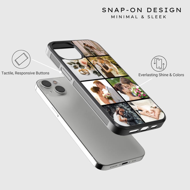 Custom wedding photo collage phone case featuring multiple bride and groom moments – perfect personalized gift for anniversary or newlyweds.