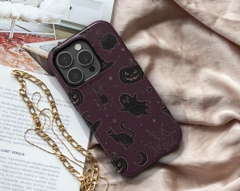 Halloween iPhone Case, Witchy Ghost Phone Case, Black Cat Pumpkin Case, Cute Spooky iPhone Cover, Dark Plum Halloween Case