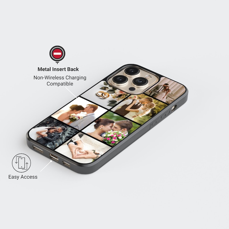Custom wedding photo collage phone case featuring multiple bride and groom moments – perfect personalized gift for anniversary or newlyweds.