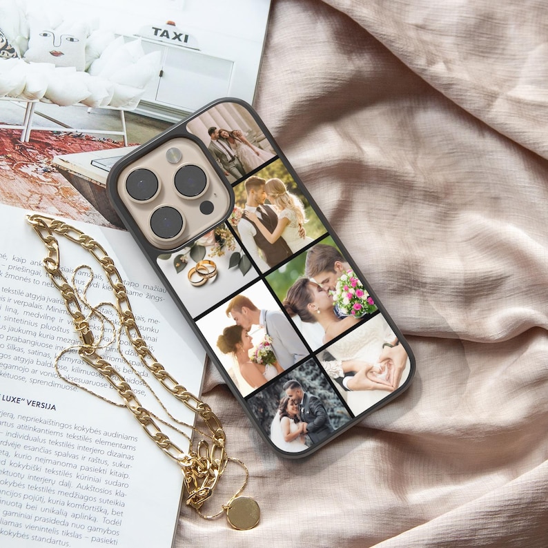 Custom wedding photo collage phone case featuring multiple bride and groom moments – perfect personalized gift for anniversary or newlyweds.