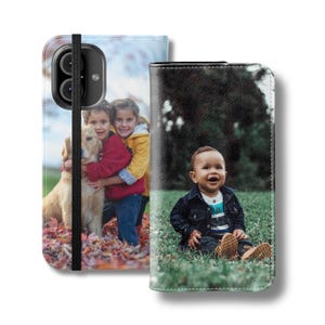 Funda de teléfono con foto personalizada, funda tipo billetera personalizada, funda con tapa de cuero vegano, funda para teléfono con foto, iPhone 15 Pro, Galaxy S24, 16 Pro