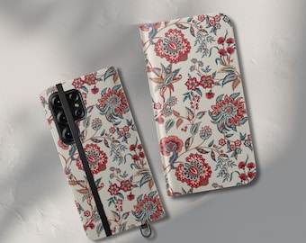 Vintage Floral Folio Phone Case Wallet Cover, Leather Phone Cover for Women, Card Holder Foldable Case iPhone 17 Pro Max Samsung Galaxy S26