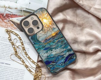 Telefoonhoesje met gebrandschilderd glas, Summer Beach-hoesje voor iPhone 17, 16e, Galaxy S25 Ultra, Pixel 10 Pro-telefoonhoesje
