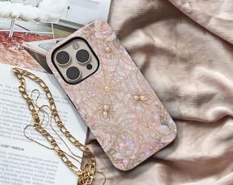 Blush Web of Whimsy Phone Case for iPhone Samsung Galaxy, Pink Spider Web Phone Case, Coquette Halloween Cover, Pearl Gothic Aesthetic