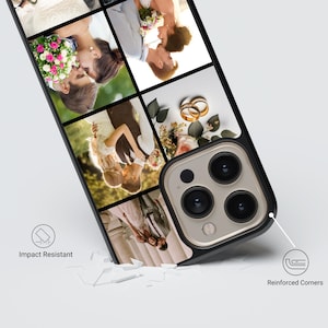 Custom wedding photo collage phone case featuring multiple bride and groom moments – perfect personalized gift for anniversary or newlyweds.